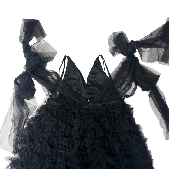 Black Sheer Tulle Ruffle Dress Bow Shoulder Fairy Goth Romantic Aesthetic XS - Picture 8 of 11